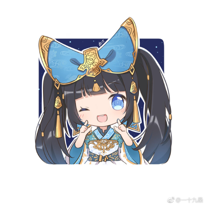 1girl, apron, belt, belt_buckle, black_hair, blue_background, blue_belt, blue_eyes