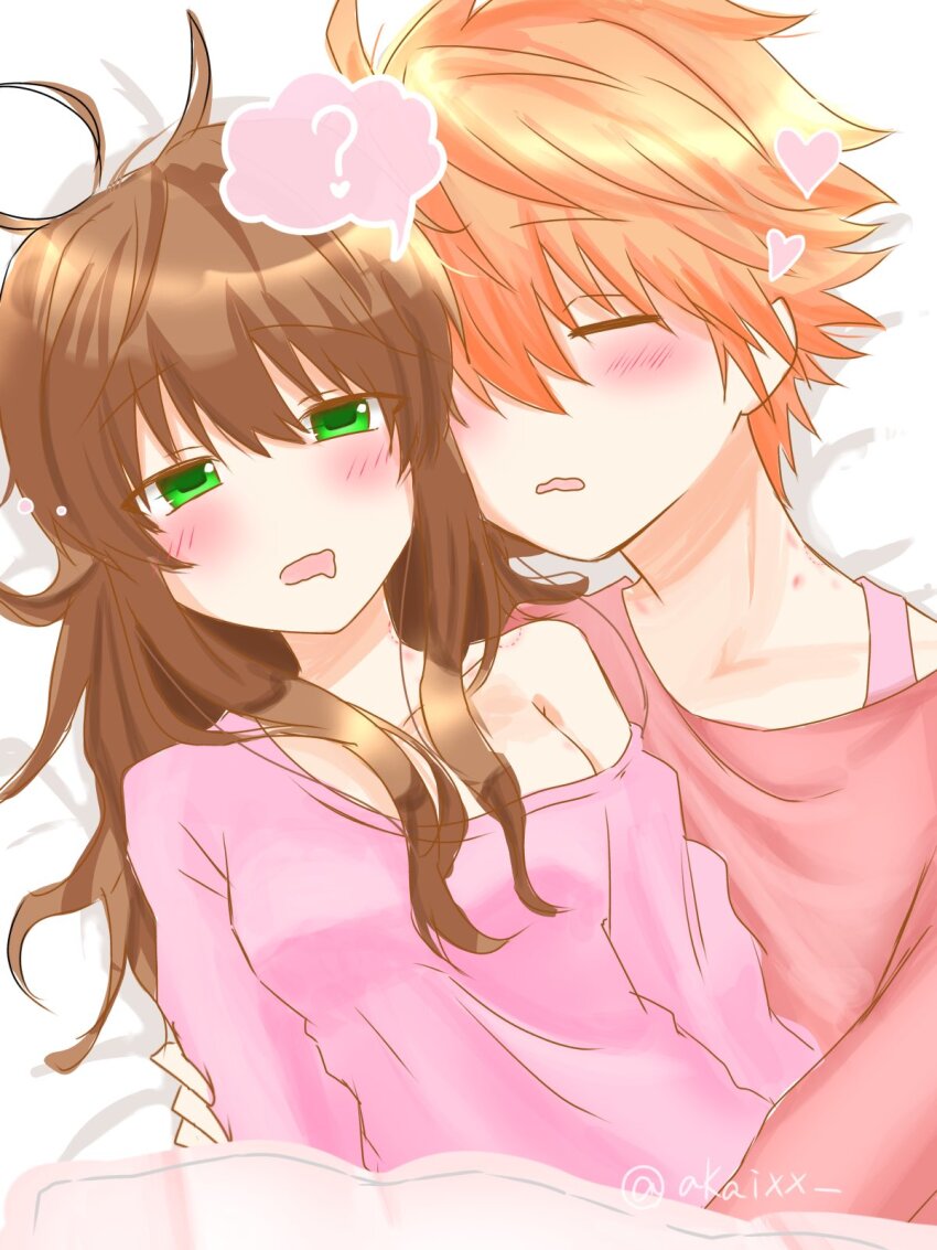 1boy, 1girl, =_=, ?, akaixx, alternate_costume, bite_mark, bite_mark_on_neck, blush, brown_hair, closed_eyes, commentary_request, couple, drooling, dutch_angle, green_eyes, heart, hetero, hickey, highres, hug, kanbe_kotori, long_hair, looking_at_viewer, lying, messy_hair, morning_after, mouth_drool, on_back, open_mouth, orange_hair, pajamas, pink_pajamas, rewrite, short_hair, sleeping, speech_bubble, spiked_hair, spoken_question_mark, tennouji_kotarou, twitter_username, upper_body, waking_up