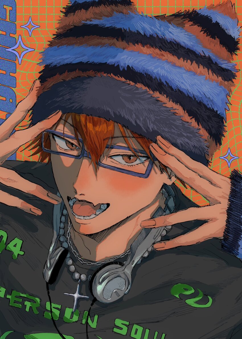 1boy, arms_up, beanie, blue-framed_eyewear, blush, boukyaku_battery, brown_eyes, character_name