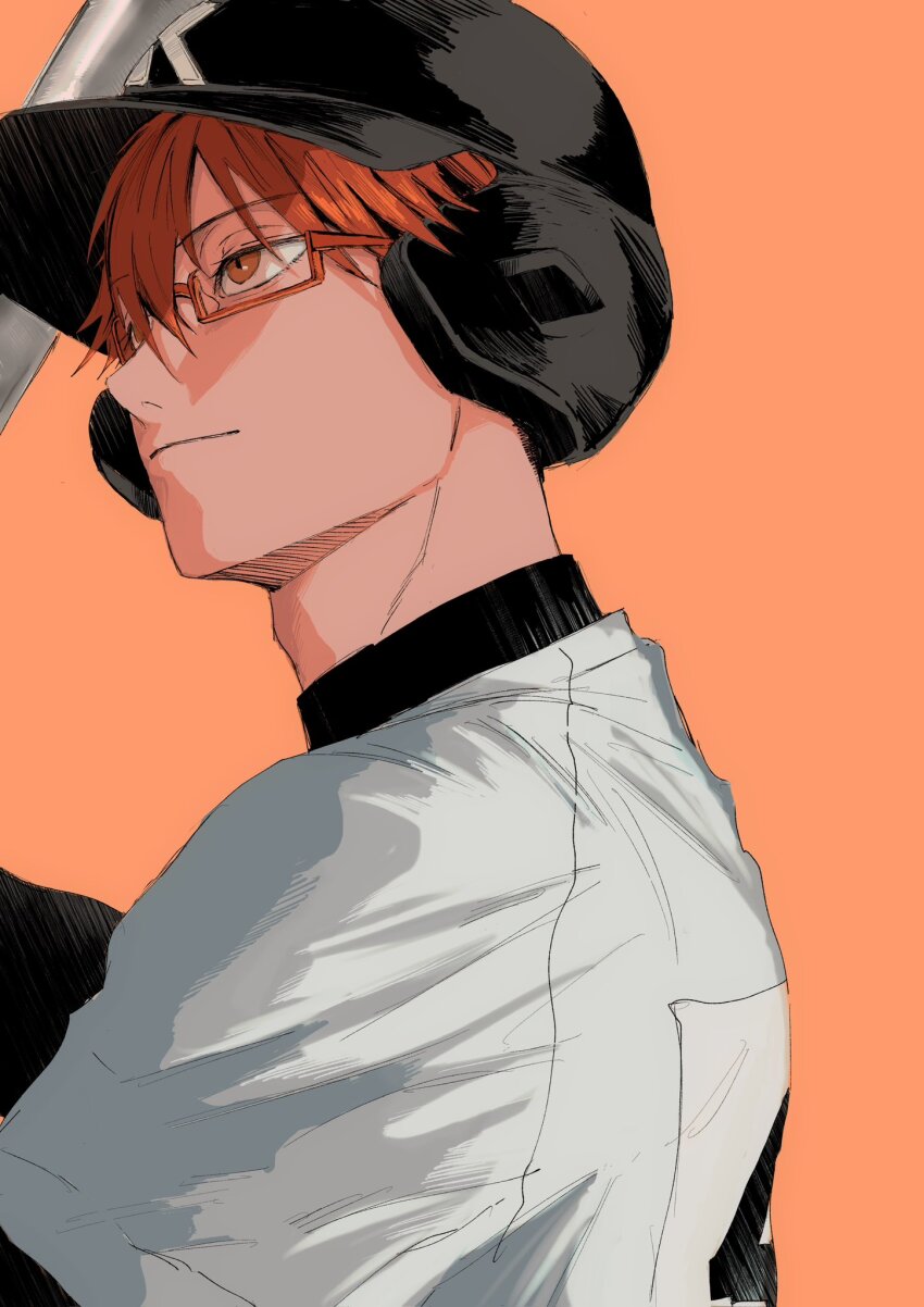 1boy, adam's_apple, baseball_bat, baseball_helmet, baseball_jersey, baseball_uniform, boukyaku_battery, brown_eyes