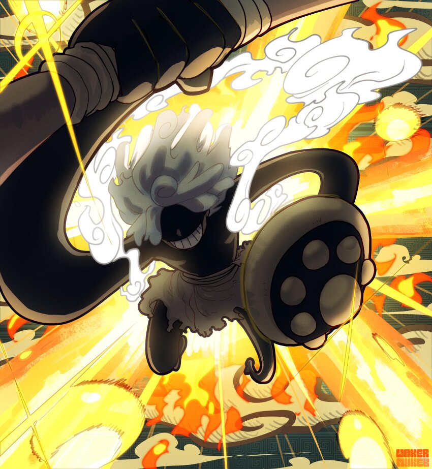 1boy, commentary, english_commentary, gear_fifth, hagoromo, highres, holding, holding_shield, holding_weapon, joy_boy_(one_piece), one_piece, shawl, shield, skirt, smile, smoke, solo, sparkle, taku_(aywakutakuay), topless_male, weapon, white_hair