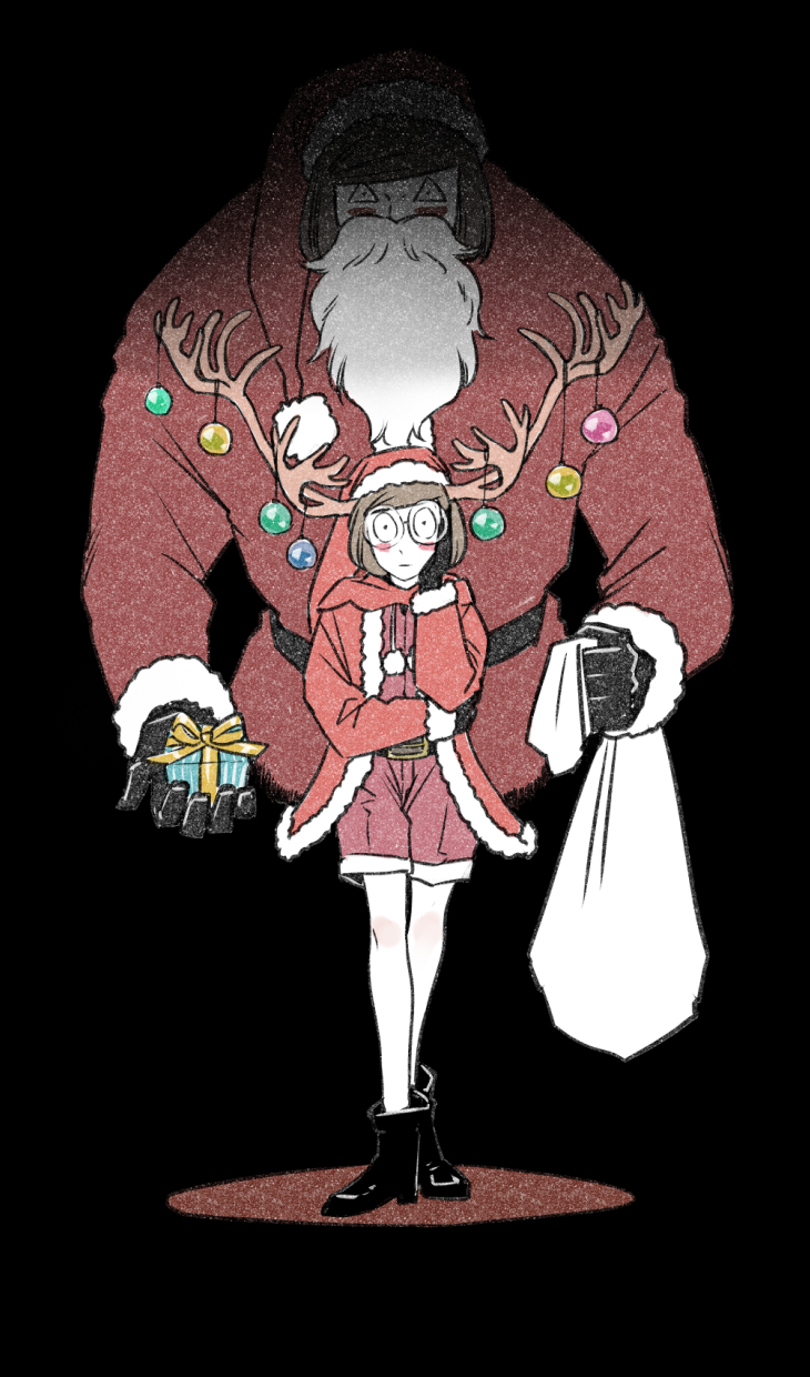 2boys, aged_down, antler_ornament, antlers, axe_luther, black_background, boots, box, brown_hair, christmas, coat, commentary_request, dream_luther, dual_persona, fake_beard, fake_facial_hair, gift, gift_box, glasses, hat, highres, holding, holding_gift, holding_sack, horns, luther_von_ivory, male_focus, multiple_boys, randal's_friends, red_coat, reindeer_antlers, round_eyewear, sack, santa_costume, santa_hat, short_hair, shorts, tsukasa_(tsukasa_mimizuku)