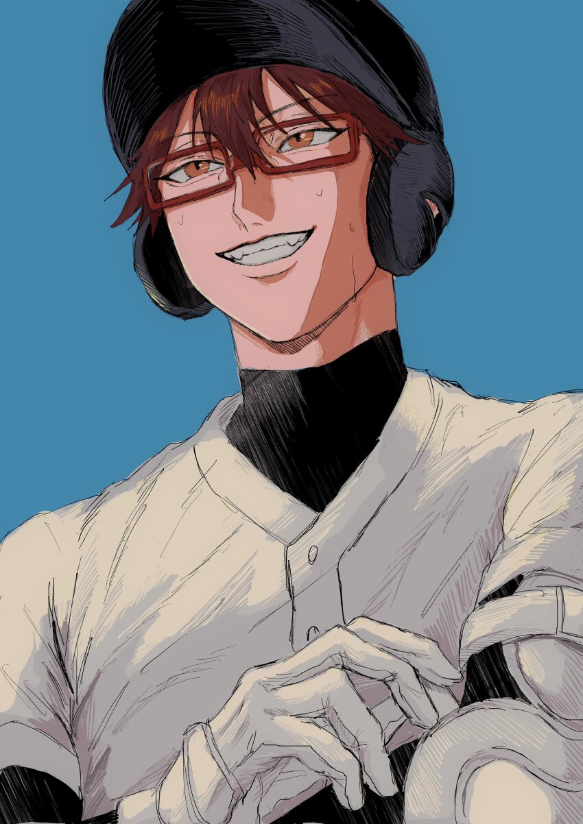 1boy, arm_up, baseball_helmet, black_shirt, blue_background, boukyaku_battery, brown_hair, chihaya_shunpei