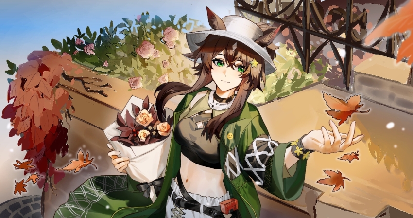 1girl, aicer, animal_ears, arknights, black_choker, black_shirt, bouquet, brown_hair, choker, closed_mouth, cowboy_shot, crop_top, ears_through_headwear, fedora, flower, green_eyes, green_jacket, hair_between_eyes, hair_ornament, hair_through_headwear, hat, holding, holding_bouquet, horse_ears, jacket, long_hair, long_sleeves, looking_at_viewer, meteor_(arknights), meteor_(bard's_holiday)_(arknights), navel, official_alternate_costume, open_clothes, open_jacket, pants, rose, shirt, solo, star_(symbol), star_hair_ornament, stomach, white_hat, white_pants