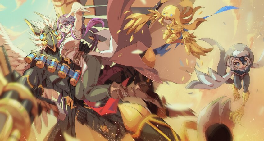 1boy, 3girls, absurdres, armor, bird_girl, black_armor, boots, brown_boots