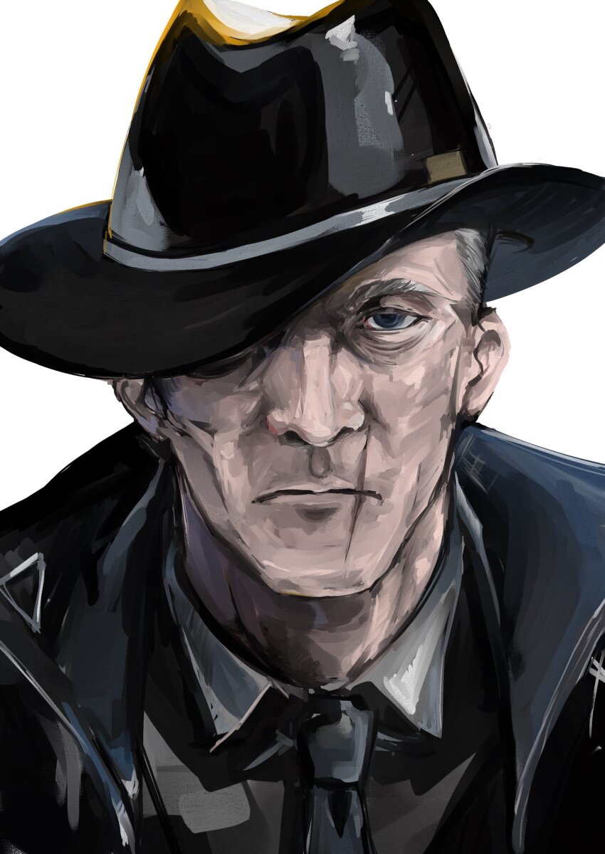 1boy, arknights, black_hat, black_jacket, black_necktie, clip_cliff, closed_mouth, collared_shirt