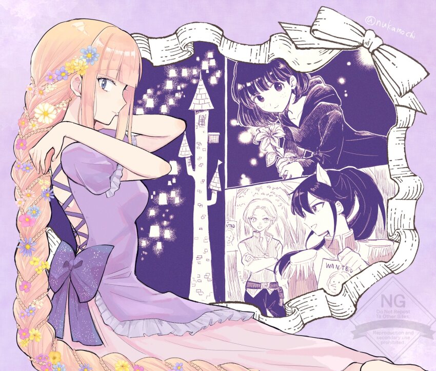 absurdly_long_hair, black_hair, blonde_hair, blunt_bangs, braid, breasts, buttons, double-breasted