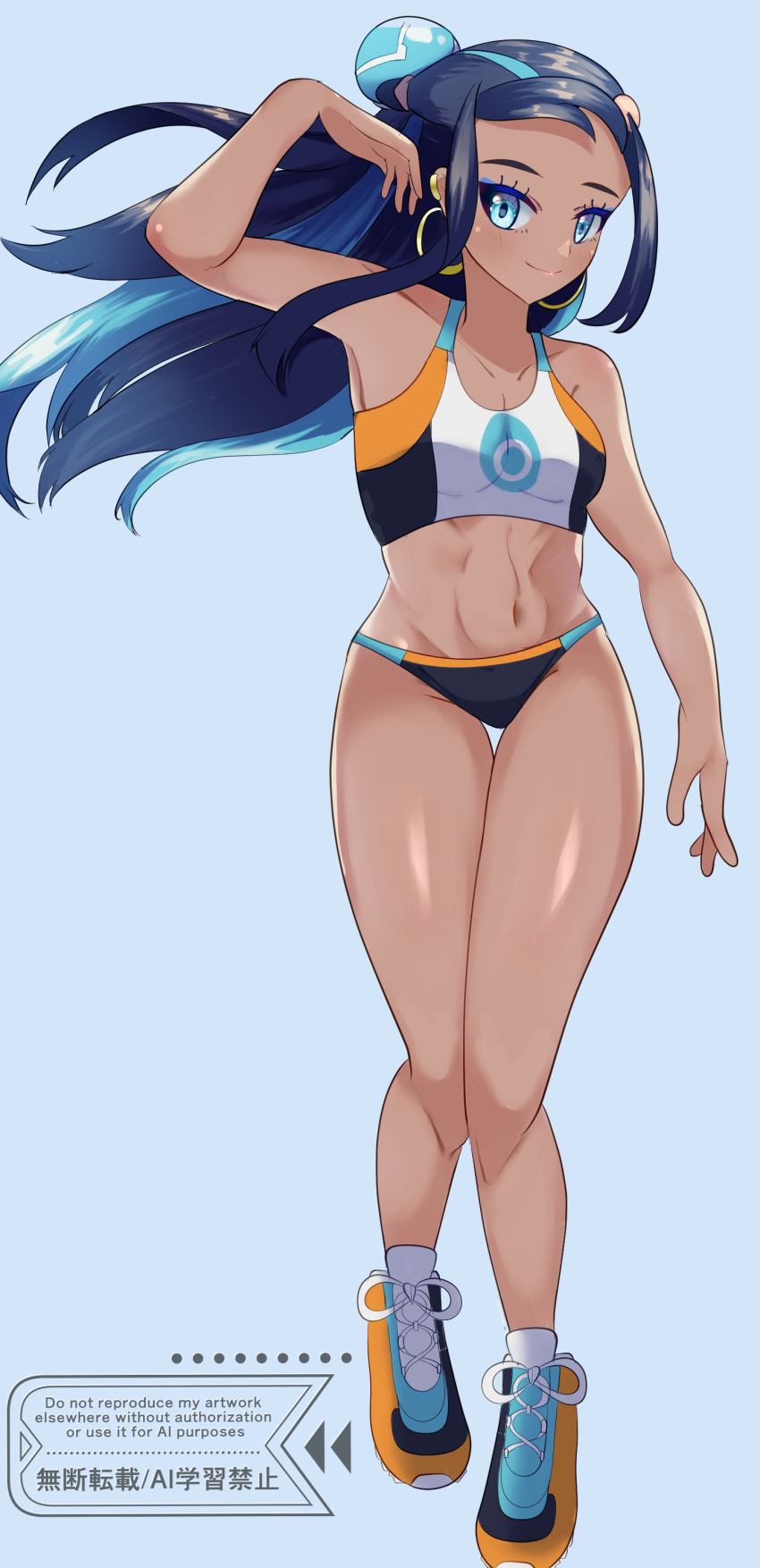 1girl, abs, absurdres, bare_arms, bare_legs, black_hair, blue_background, blue_eyes