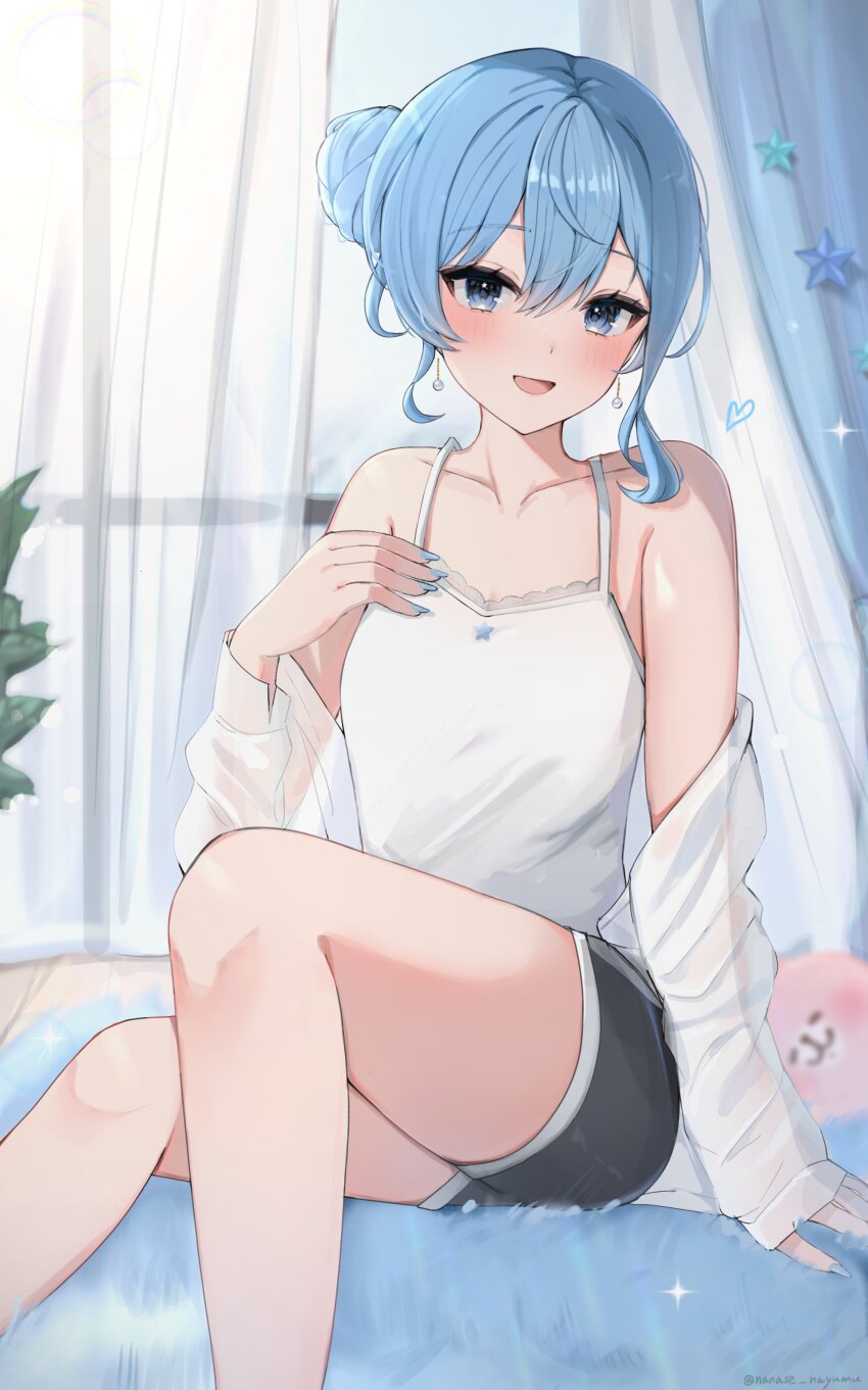 1girl, :d, absurdres, alternate_costume, asymmetrical_sidelocks, bare_shoulders, black_shorts, blue_eyes