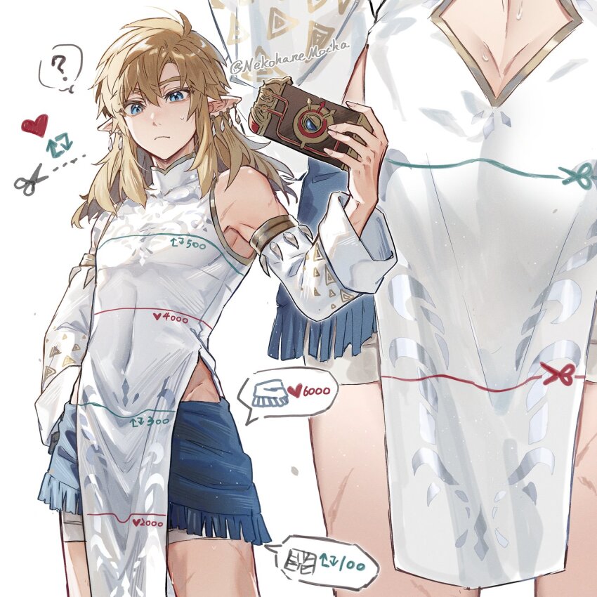 1boy, ?, alternate_costume, blonde_hair, blue_eyes, blue_skirt, clothing_cutout, colored_eyelashes