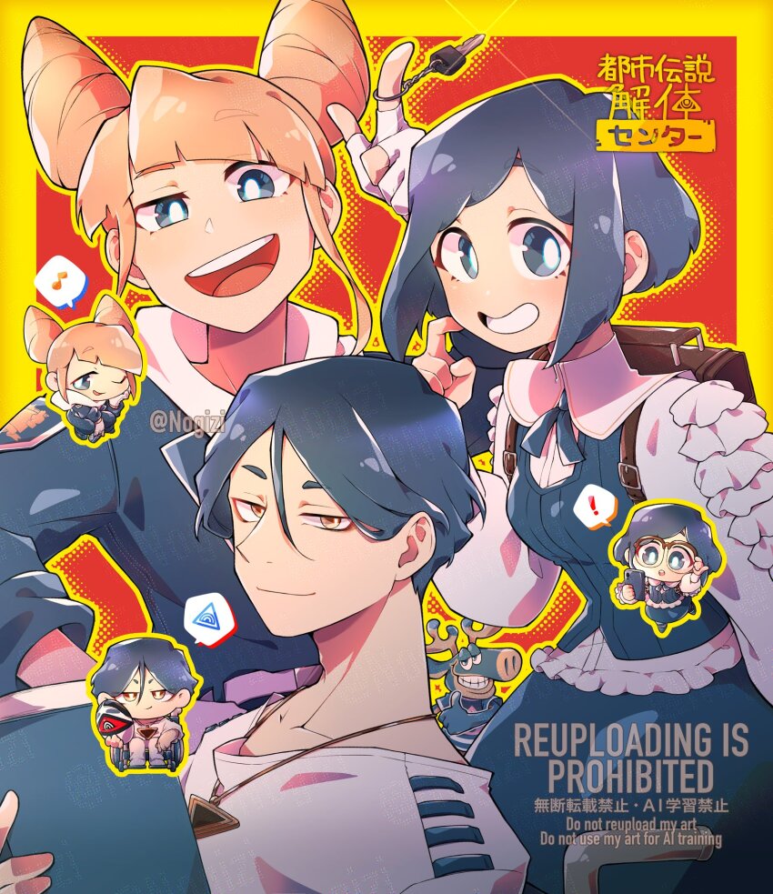 1boy, 2girls, backpack, bag, blonde_hair, blue_eyes, blue_hair, chibi