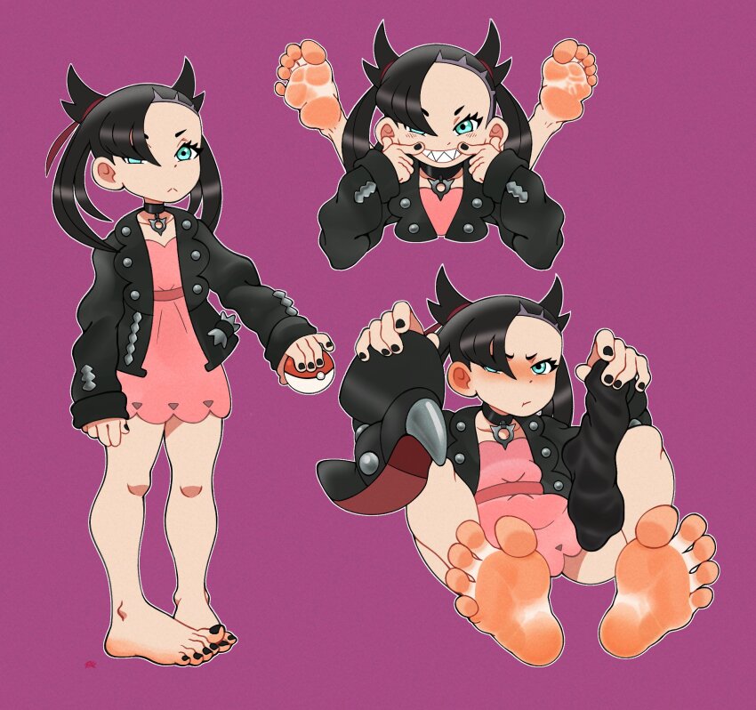 1girl, aqua_eyes, barefoot, black_choker, black_hair, black_jacket, black_nails, blush, boots, choker, dress, feet, foot_focus, hair_over_one_eye, highres, holding, holding_shoes, holding_sock, holding_unworn_clothes, jacket, loli, long_sleeves, looking_at_viewer, marnie_(pokemon), naughty_face, nintendo, no_socks, pink_dress, poke_ball, pokemon, pokemon_sword_and_shield, puffymilk, removing_shoes, removing_sock, shoes, smell, socks, toenails, toes, unworn_shoes, unworn_socks