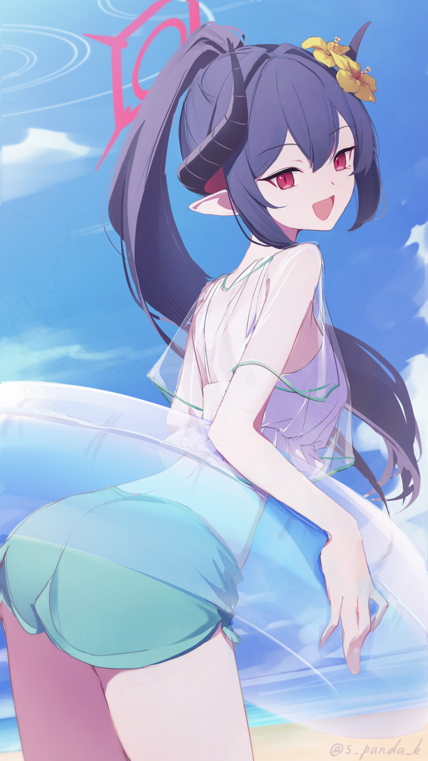 1girl, absurdres, alternate_costume, ass, black_horns, blue_archive, chiaki_(anniversary_swimsuit)_(blue_archive), chiaki_(blue_archive)