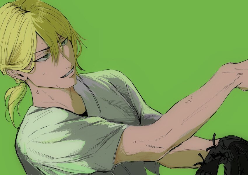 1boy, arms_up, baseball, baseball_glove, blonde_hair, boukyaku_battery, commentary_request, crew_neck, from_side, green_background, grey_eyes, highres, looking_ahead, male_focus, parted_bangs, playing_sports, ponytail, shirt, short_sleeves, shu_u_1, simple_background, smile, solo, sweat, teeth, todo_aoi_(boukyaku_battery), upper_body, white_shirt