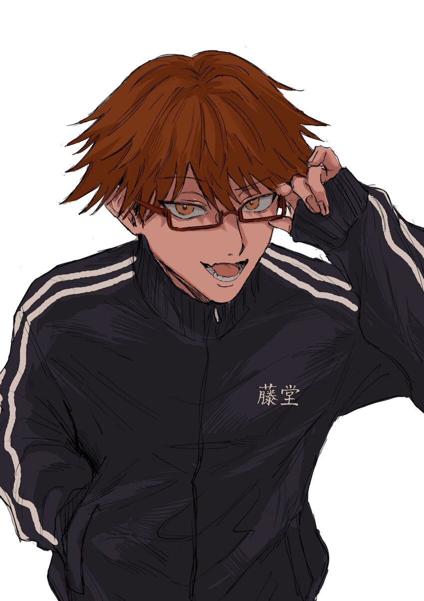 1boy, adjusting_eyewear, arm_up, black_jacket, boukyaku_battery, brown_eyes, brown_hair, chihaya_shunpei
