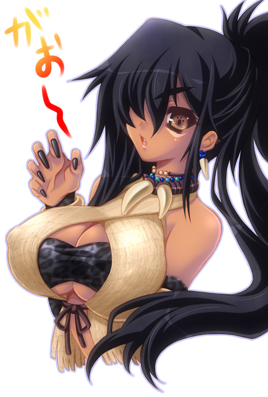 1girl, animal_print, bare_shoulders, black_hair, black_nails, black_tube_top, breasts, brown_eyes, cleavage, covered_erect_nipples, dark-skinned_female, dark_skin, earrings, facepaint, fang, fingernails, gao, hair_over_one_eye, hakoiri_nyanko, hand_up, jewelry, large_breasts, leopard_print, long_hair, mabinogi, nail_polish, necklace, open_mouth, paw-shaped_pupils, print_tube_top, shamala_(mabinogi), simple_background, solo, strapless, symbol-shaped_pupils, tooth_earrings, tooth_necklace, tribal, tube_top, underboob, white_background