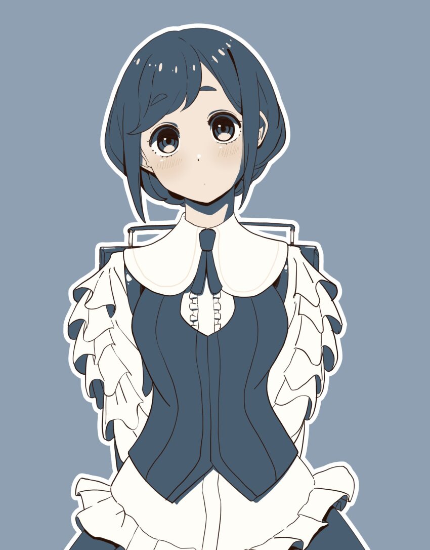 1girl, backpack, bag, blue_theme, blush, commentary_request, expressionless, frilled_shirt