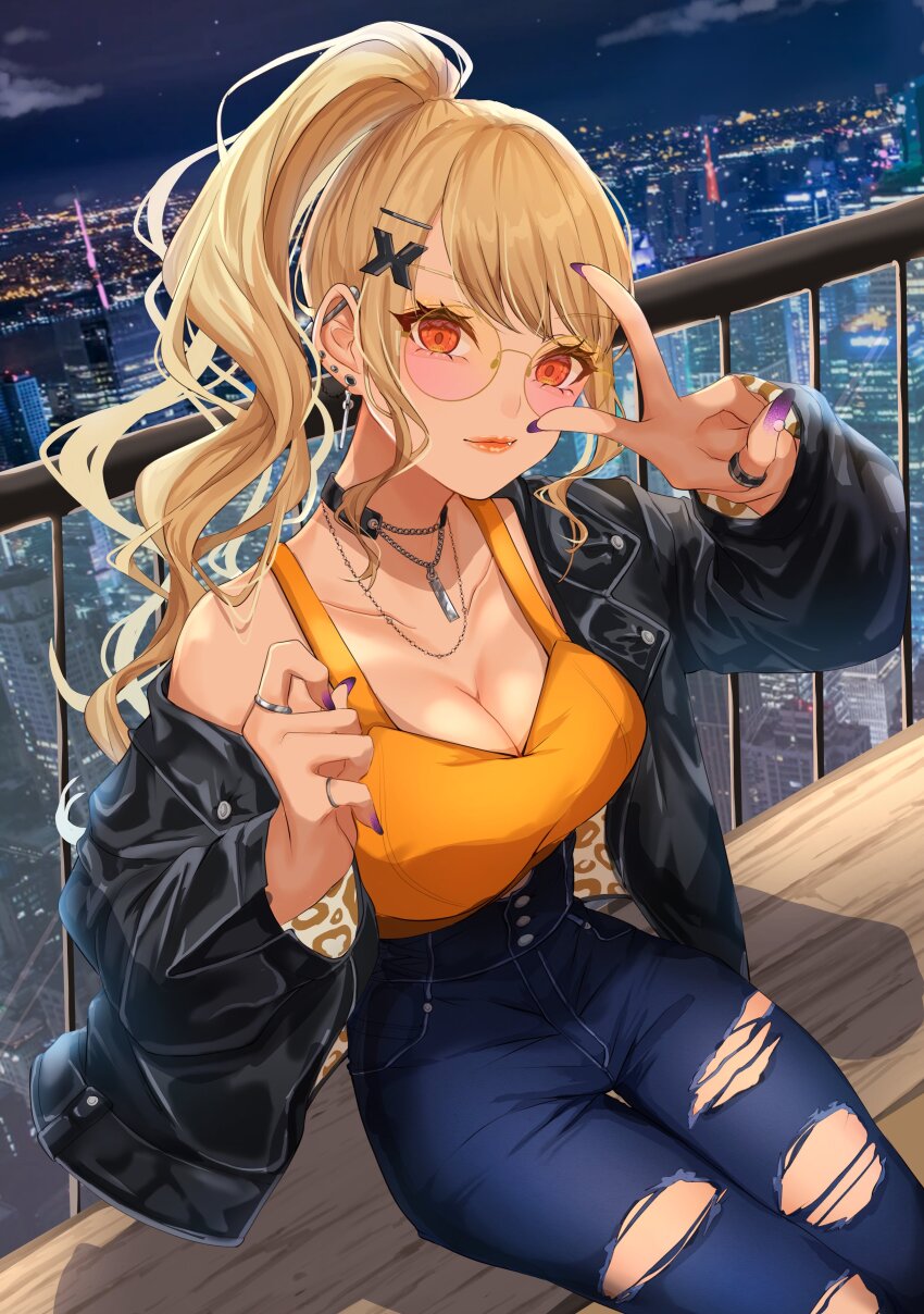 1girl, absurdres, bare_shoulders, black_jacket, blonde_hair, breasts, cityscape, cleavage