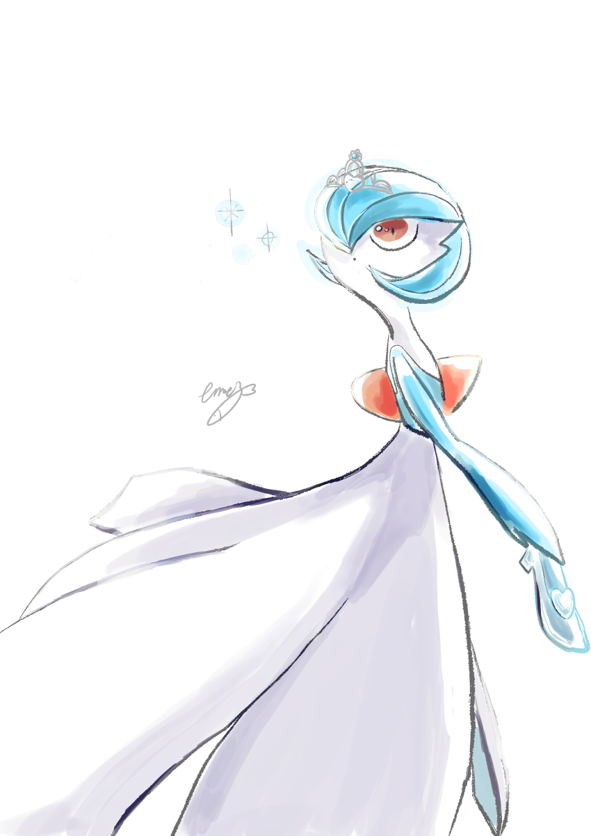 1girl, absurdres, alternate_color, artist_name, blue_gem, blue_hair, blue_skin, bob_cut, cinderella_(disney_movie), closed_mouth, colored_skin, dot_mouth, eme_ko, female_focus, flat_chest, from_side, gardevoir, gem, gen_3_pokemon, glass_slipper, grey_tiara, hair_over_one_eye, highres, holding_slippers, looking_back, looking_up, multicolored_skin, nintendo, one_eye_covered, pokemon, pokemon_(creature), red_eyes, shiny_pokemon, short_hair, signature, simple_background, slippers, solo, sparkle, standing, two-tone_skin, unworn_slippers, white_background, white_skin