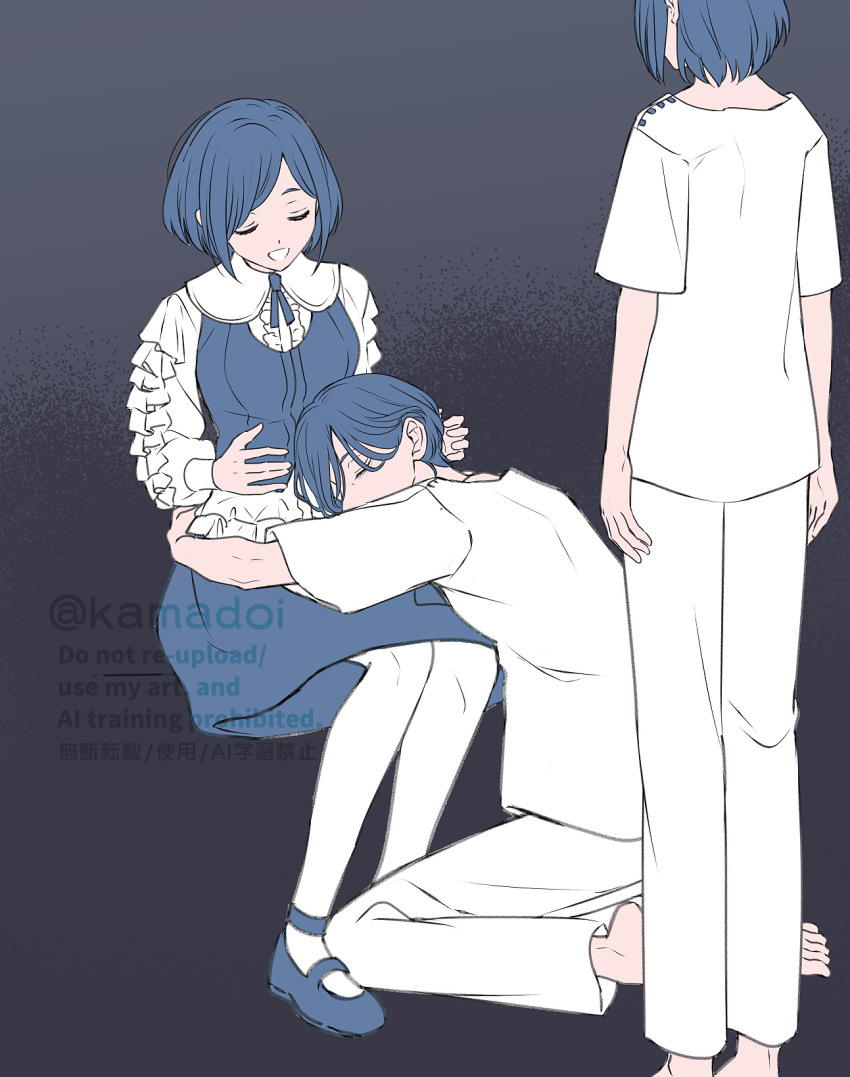 1boy, 2girls, barefoot, closed_eyes, feathers, frilled_shirt, frills, fukurai_azami