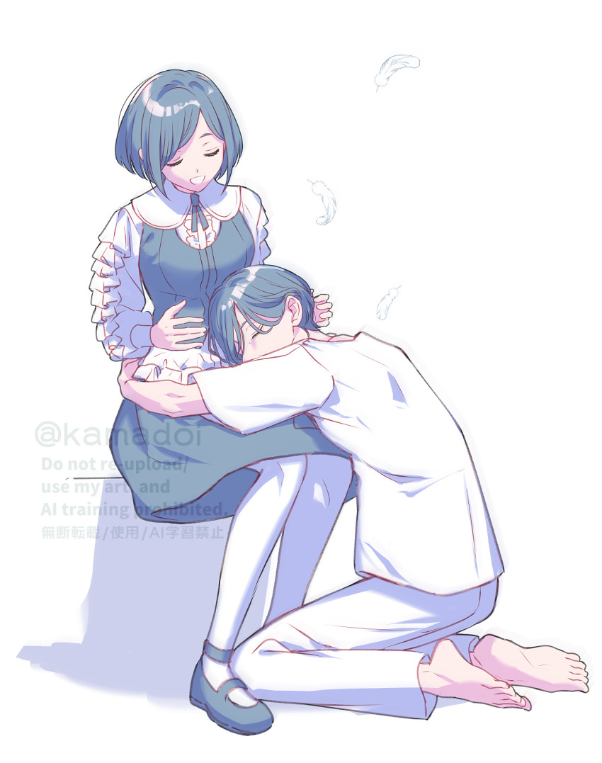 1boy, 1girl, barefoot, closed_eyes, feathers, frilled_shirt, frills, fukurai_azami