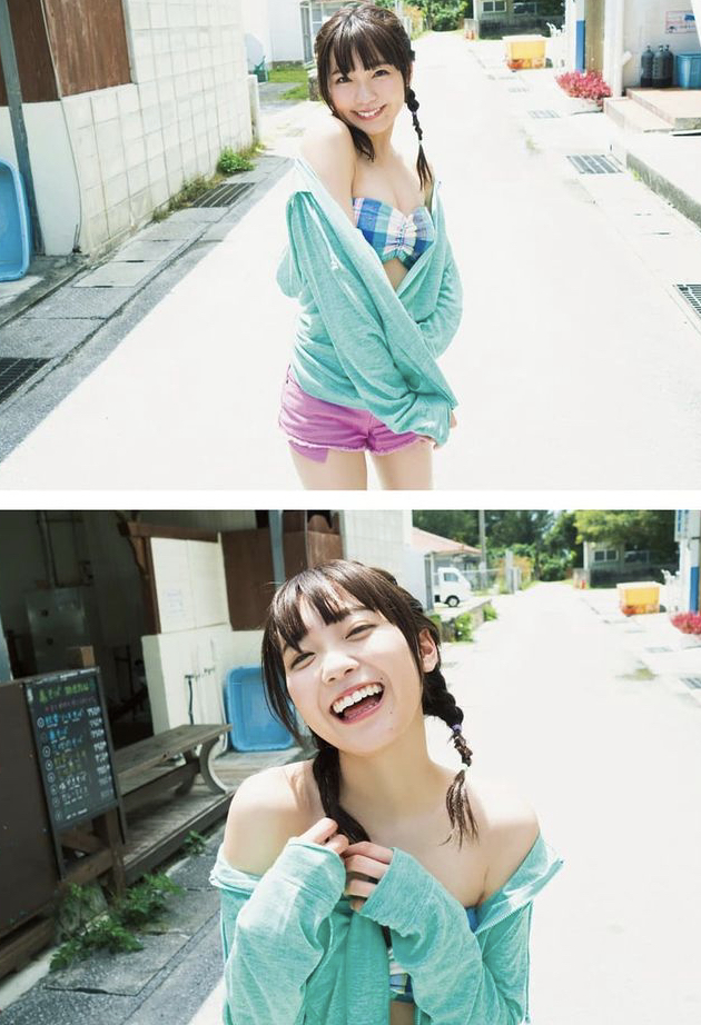 1girl, beach, bikini, black_hair, braid, looking_at_viewer, multiple_views, off_shoulder