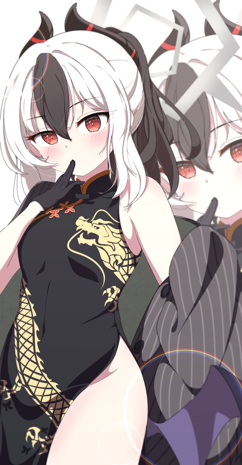 1girl, absurdres, bare_shoulders, black_dress, black_gloves, black_hair, blue_archive, blush, breasts, bright_pupils, china_dress, chinese_clothes, cosplay, covered_navel, cowboy_shot, demon_girl, demon_horns, demon_wings, dragon_print, dress, finger_to_mouth, gloves, grey_halo, hair_between_eyes, half_gloves, halo, hand_up, hashtag-only_commentary, highres, horns, jacket, jacket_partially_removed, kame_(nokonoko10271), kayoko_(blue_archive), kisaki_(blue_archive), kisaki_(blue_archive)_(cosplay), lens_flare, long_hair, looking_at_viewer, low_wings, medium_hair, multicolored_hair, ponytail, print_dress, print_horns, red_eyes, sidelocks, simple_background, sleeveless, sleeveless_dress, small_breasts, solo, two-tone_hair, white_background, white_hair, white_pupils, wings, zoom_layer