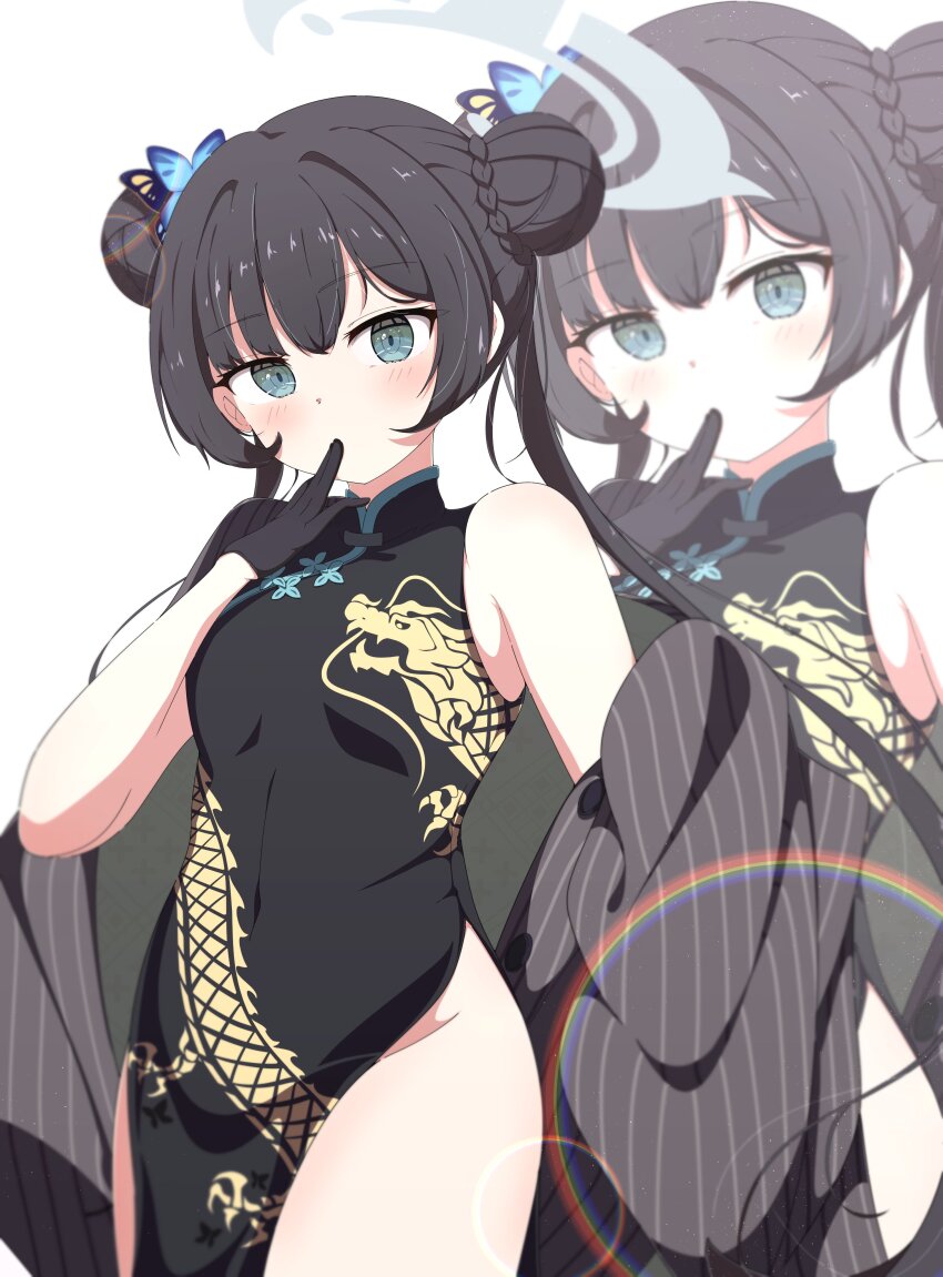 1girl, absurdres, aqua_eyes, bare_shoulders, black_dress, black_gloves, black_hair, blue_archive