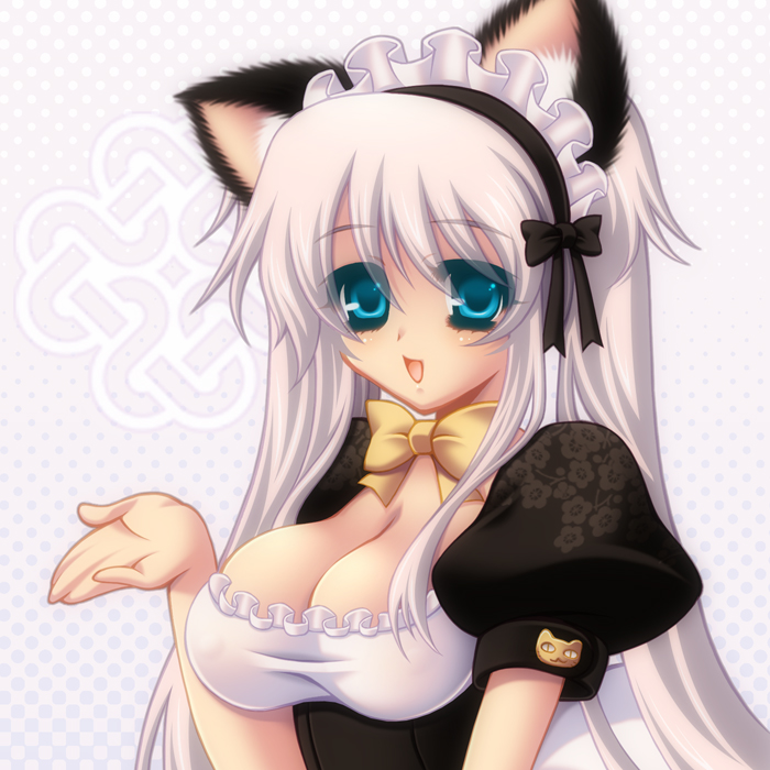 1girl, :d, animal_ear_fluff, animal_ears, blue_eyes, bow, bowtie, breasts