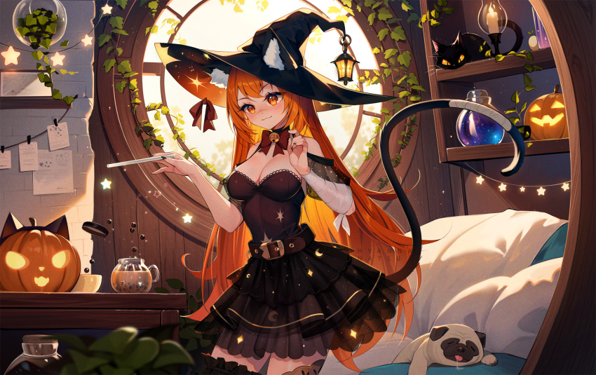 1girl, animal_ears, bandaged_arm, bandaged_tail, bandages, bed, bell, belt, black_cat, black_choker, black_dress, black_hat, black_sleeves, blush, bow, bowtie, breasts, bubble_tea, candle, candlestand, cat, cat_ears, cat_girl, cat_tail, choker, cleavage, clip_studio_paint_(medium), closed_mouth, commentary, commission, cowboy_shot, day, detached_sleeves, dress, ears_through_headwear, english_commentary, hat, hat_bow, hat_lantern, highres, holding, holding_wand, hyanna-natsu, indoors, ivy, jack-o'-lantern, long_hair, looking_at_food, magic, neck_bell, orange_eyes, orange_hair, original, photoshop_(medium), pillow, potion, pug, red_bow, red_bowtie, round_window, saliva, shelf, sky, sleeping_animal, solo, sparkle, star_(symbol), strapless, strapless_dress, string_of_light_bulbs, sunlight, tail, thighhighs, very_long_hair, wand, white_sky, window, witch, witch_hat, zettai_ryouiki
