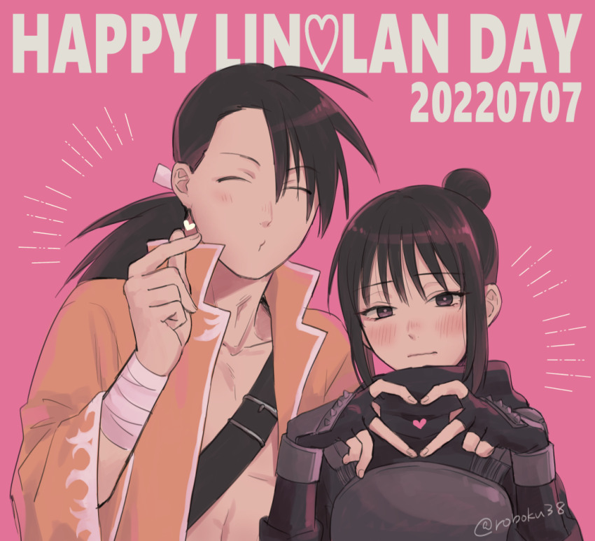 1boy, 1girl, 2022, armor, bandaged_arm, bandages, black_armor, black_eyes, black_hair, black_sleeves, black_straps, blush, breastplate, chest_strap, closed_eyes, closed_mouth, couple, dated, embarrassed, fingerless_gloves, fullmetal_alchemist, gloves, hair_between_eyes, hair_bun, heart, heart_hands, hetero, jacket, kirimoto_roboku, lan_fan, ling_yao, long_sleeves, looking_at_viewer, ninja, nose_blush, open_clothes, open_jacket, pink_background, ponytail, sidelocks, simple_background, single_hair_bun, twitter_username, wide_sleeves, yellow_jacket, yellow_sleeves