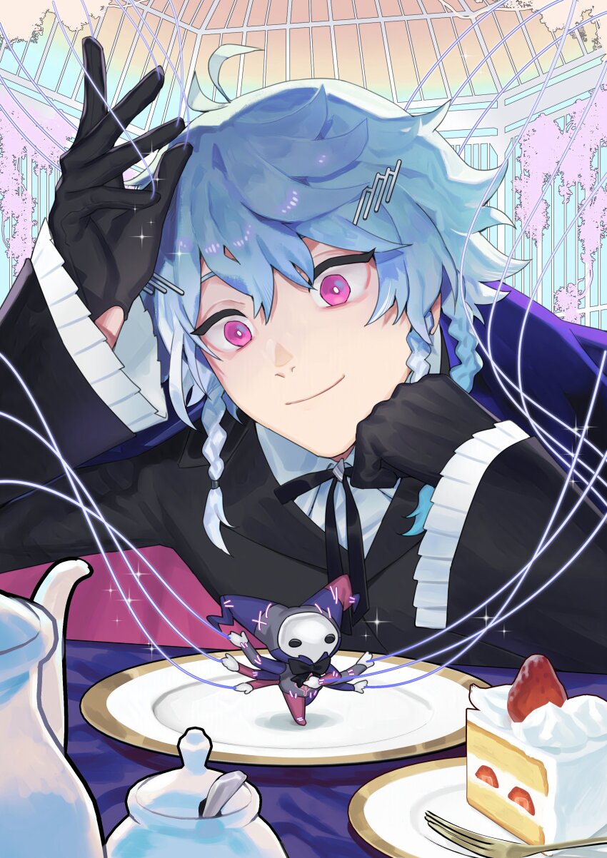 1boy, absurdres, birdcage, bishounen, black_gloves, blue_hair, braid, cage