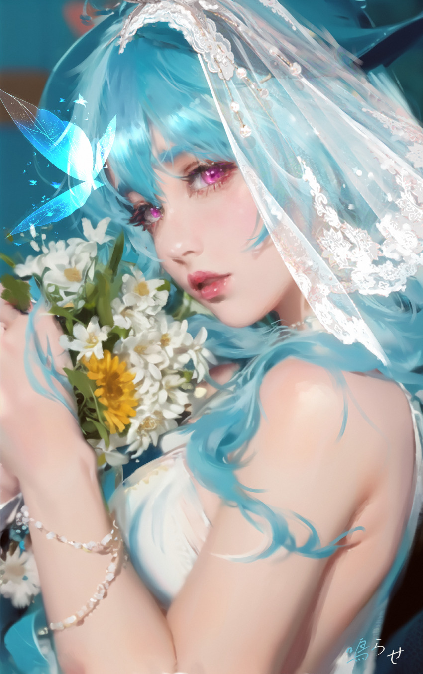 1girl, absurdres, blue_butterfly, blue_hair, breasts, bug, butterfly, commentary, from_side, highres, insect, large_breasts, looking_at_viewer, medium_hair, narase_(ffrv5573), parted_lips, purple_eyes, realistic, shorekeeper_(wuthering_waves), solo, upper_body, veil, white_veil, wuthering_waves