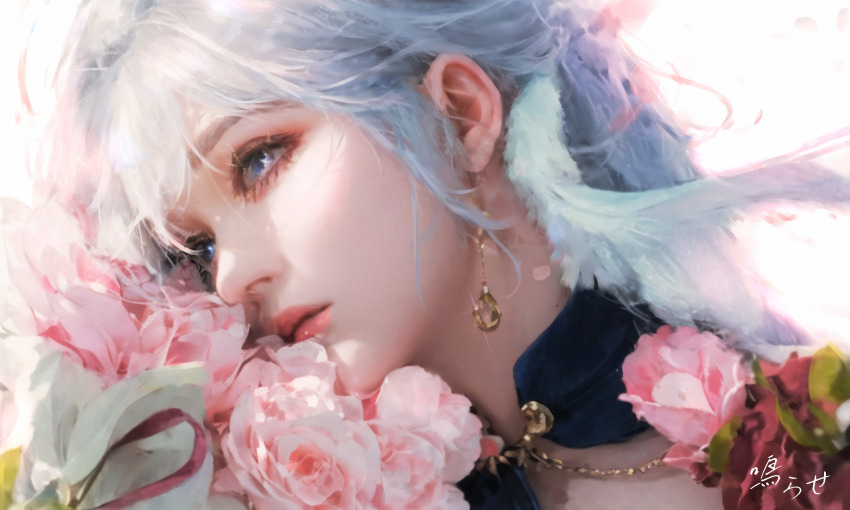 1girl, absurdres, blue_eyes, closed_mouth, collar, commentary_request, earrings, flower