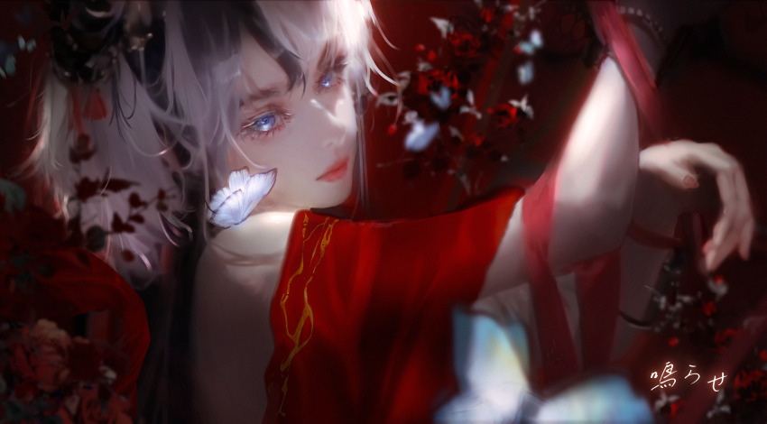 1girl, absurdres, bare_shoulders, blue_eyes, blurry, blurry_background, bug, butterfly