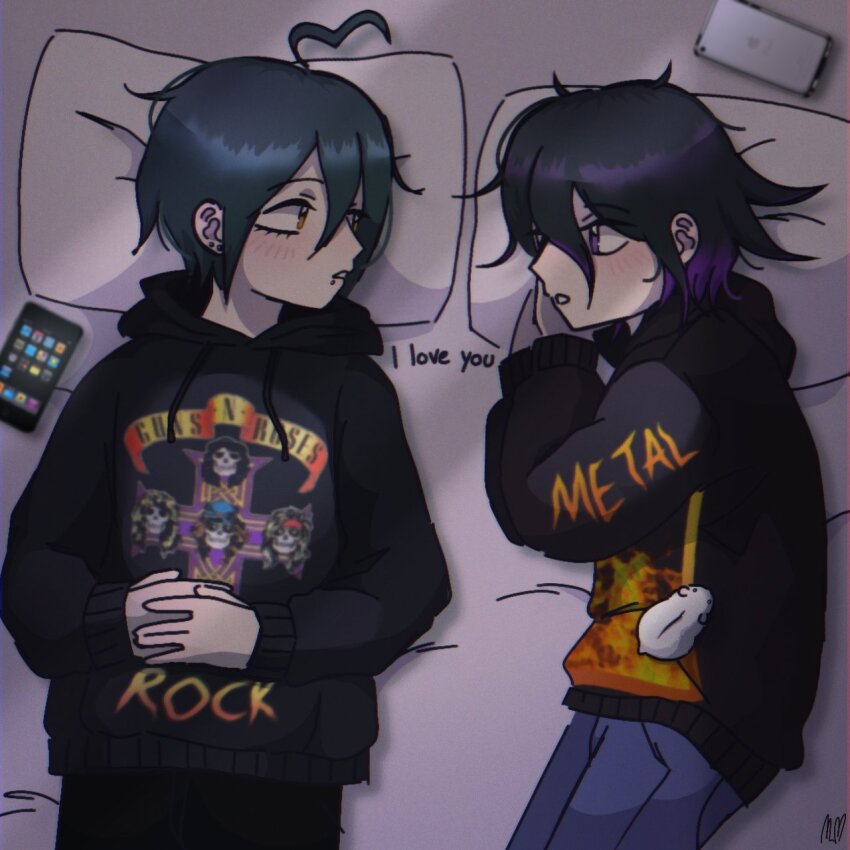 2boys, ahoge, alternate_costume, black_hair, black_hoodie, blush, commentary, danganronpa_(series)