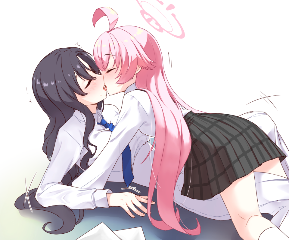 2girls, ahoge, black_hair, black_skirt, blue_archive, blue_necktie, blush, female_sensei_(blue_archive)
