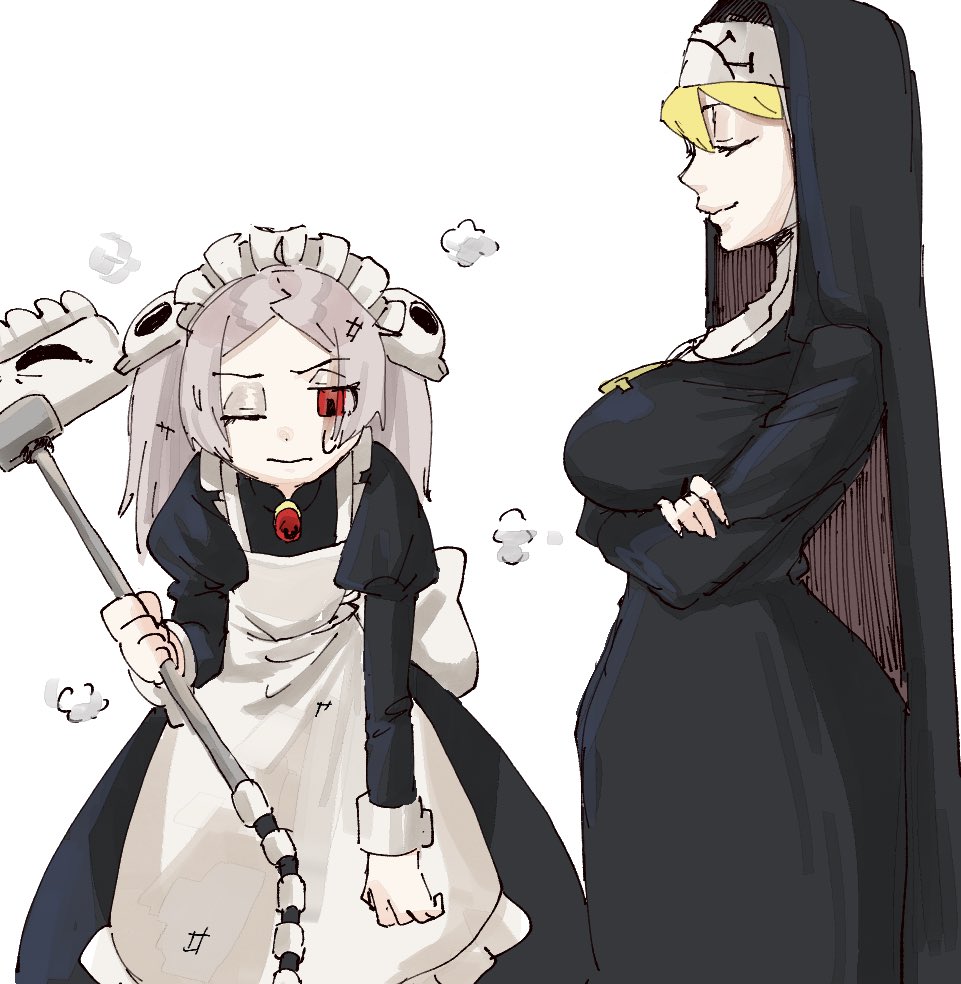 2girls, blonde_hair, bloody_marie_(skullgirls), breasts, brooch, cowboy_shot, cross, cross_necklace