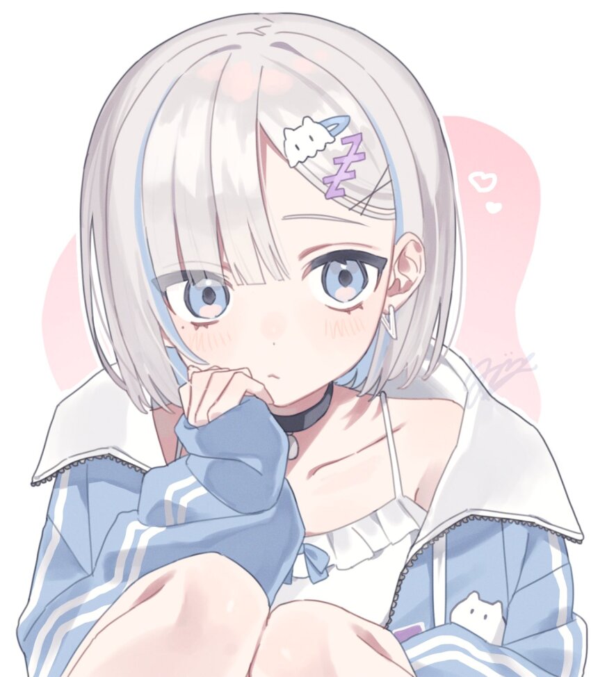 1girl, asymmetrical_bangs, blue_eyes, blue_hair, blue_jacket, camisole, choker, collarbone