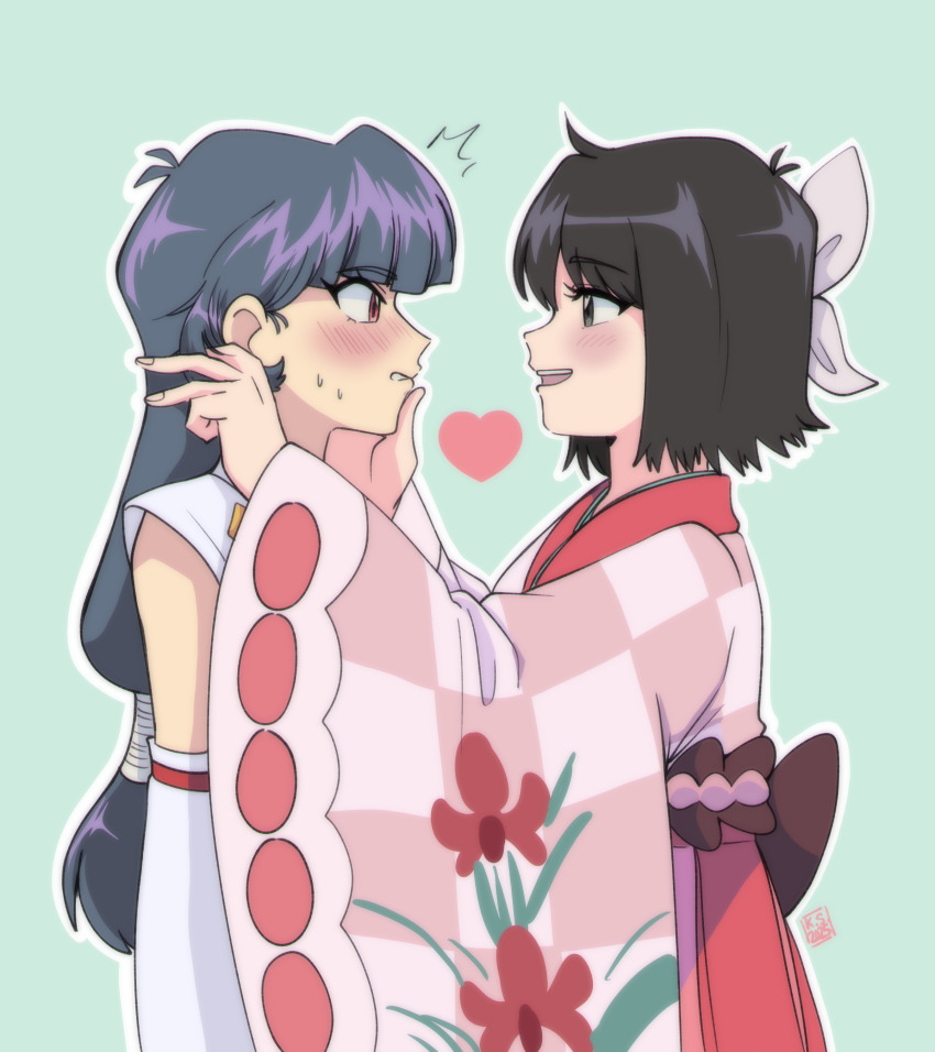 2girls, absurdres, black_eyes, black_hair, blue_background, blue_hair, blush, bow, commentary, detached_sleeves, english_commentary, erika_(palentine's_2025)_(pokemon), erika_(pokemon), eye_contact, from_side, hair_bow, hand_on_another's_face, heart, highres, japanese_clothes, kaguras-art, kimono, long_hair, looking_at_another, low-tied_long_hair, multiple_girls, nintendo, obi, open_mouth, outline, parted_lips, pink_kimono, pokemon, pokemon_masters_ex, profile, red_eyes, sabrina_(new_year's_2022)_(pokemon), sabrina_(pokemon), sash, short_hair, simple_background, smile, sweat, white_bow, white_outline, yuri