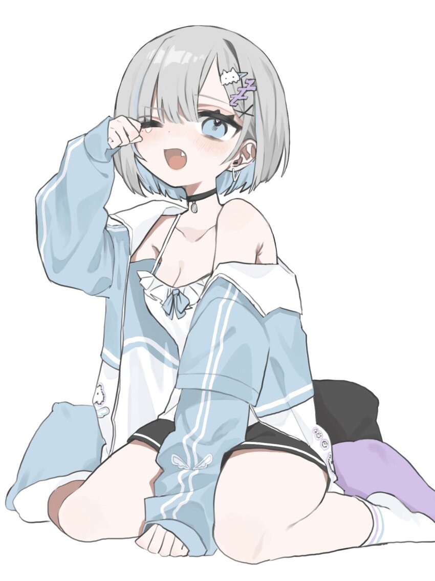 1girl, asymmetrical_bangs, blue_hair, breasts, choker, cleavage, colored_inner_hair, denim