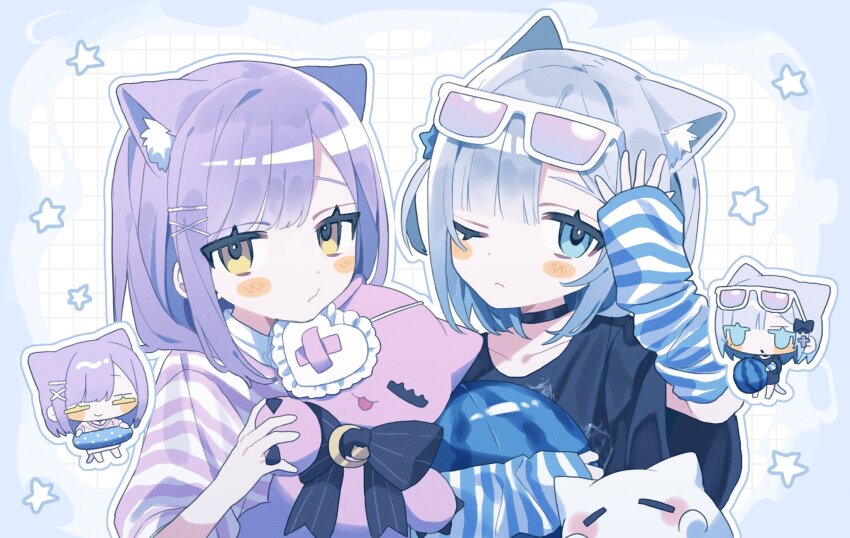 2girls, animal_ear_fluff, animal_ears, arm_warmers, asymmetrical_bangs, blue_eyes, blue_hair, blush