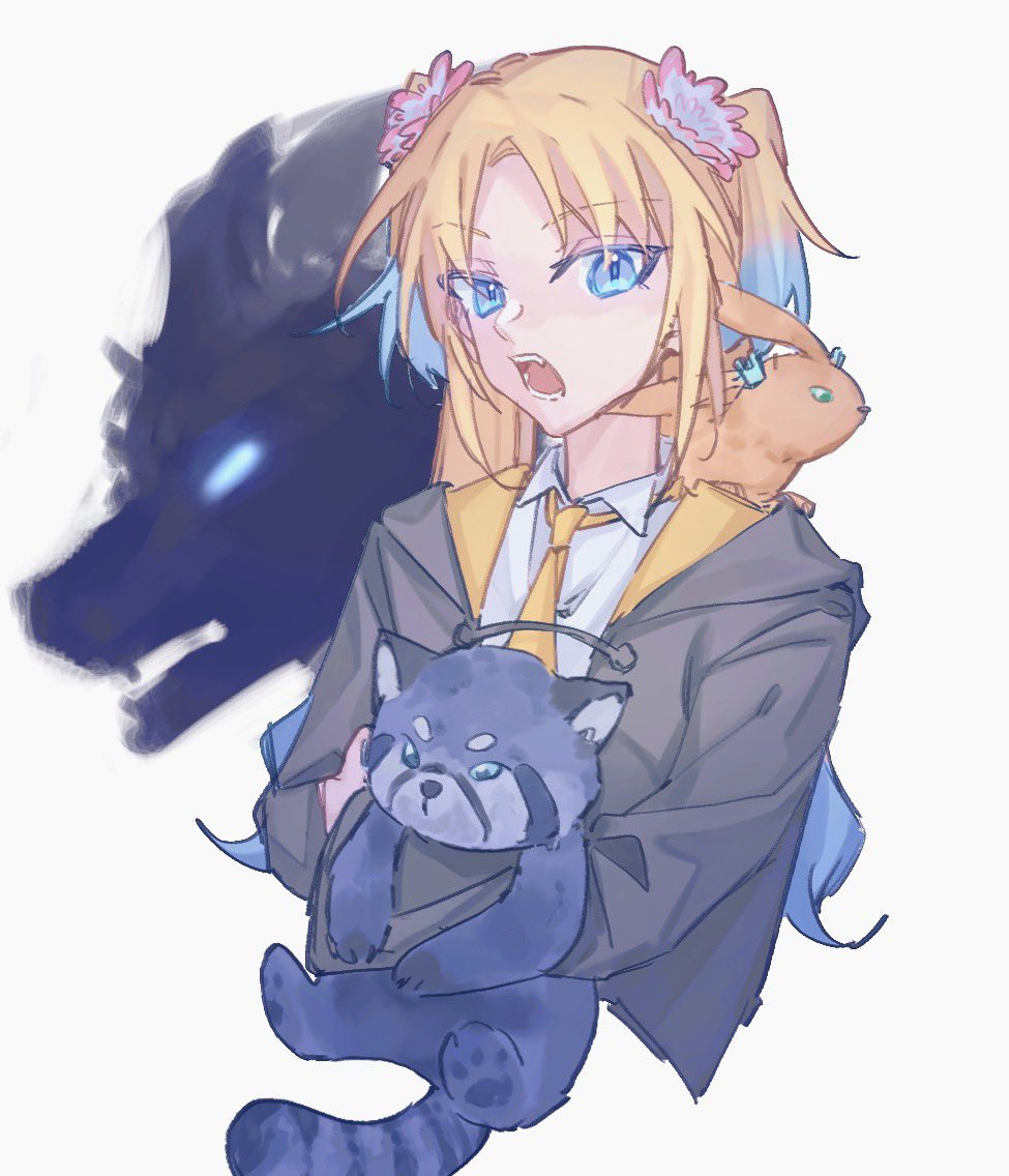 1girl, alternate_universe, animal, animalization, black_cloak, blonde_hair, blue_eyes, blue_hair