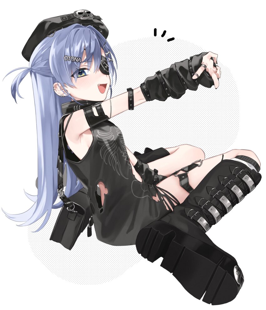 1girl, arm_warmers, armlet, bag, belt_boots, beret, between_legs, blue_eyes