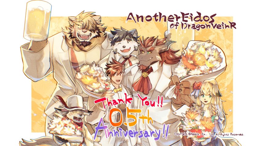 1girl, 5boys, amorey_(another_eidos), anniversary, another_eidos-r, artist_request, ascot, bara