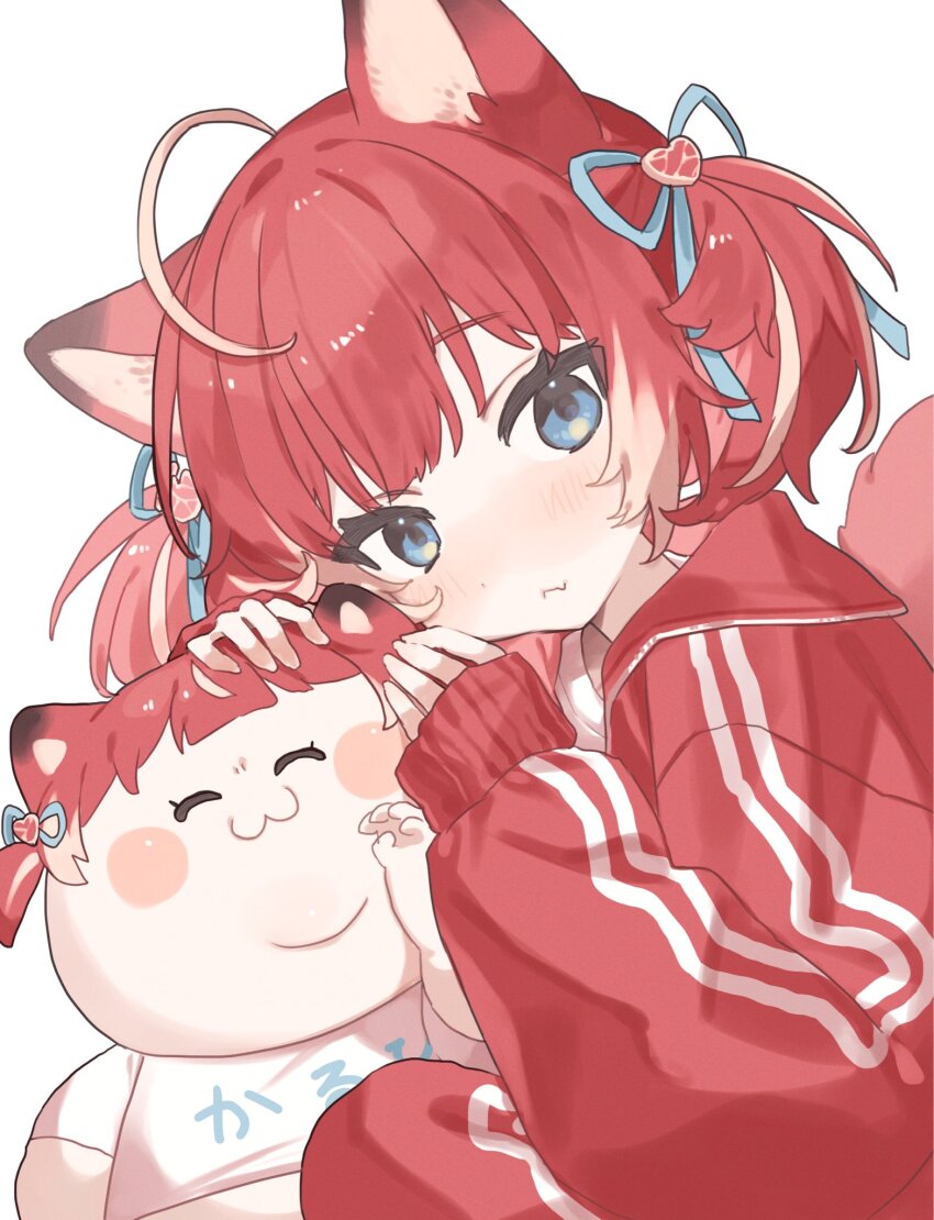 1girl, ahoge, akami_karubi, animal_ears, blue_eyes, blush, character_name, crazy_raccoon