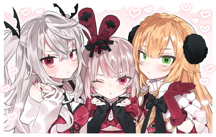 1boy, 2girls, arm_warmers, bat_hair_ornament, blonde_hair, blowing_kiss, blush, border, bow, braid, brown_hair, cleavage_cutout, clothing_cutout, colored_inner_hair, crossdressing, crown_braid, dress, fingernails, flat_chest, genderswap, genderswap_(ftm), genderswap_(mtf), gloves, green_eyes, grey_hair, hair_between_eyes, hair_flaps, hair_ornament, heart, highres, kuzuha_(nijisanji), long_hair, long_sleeves, looking_at_viewer, makaino_ririmu, multicolored_hair, multiple_girls, nail_polish, nijisanji, off_shoulder, one_eye_closed, pink_eyes, pom_pom_(clothes), pom_pom_hair_ornament, puffy_short_sleeves, puffy_sleeves, rabbit_hair_ornament, red_dress, red_eyes, red_gloves, riia_(riiakun), sanya_(nijisanji), sharp_fingernails, short_hair, short_sleeves, trap, two-tone_hair, two_side_up, upper_body, uzuki_kou, v-shaped_eyebrows, virtual_youtuber, wavy_hair