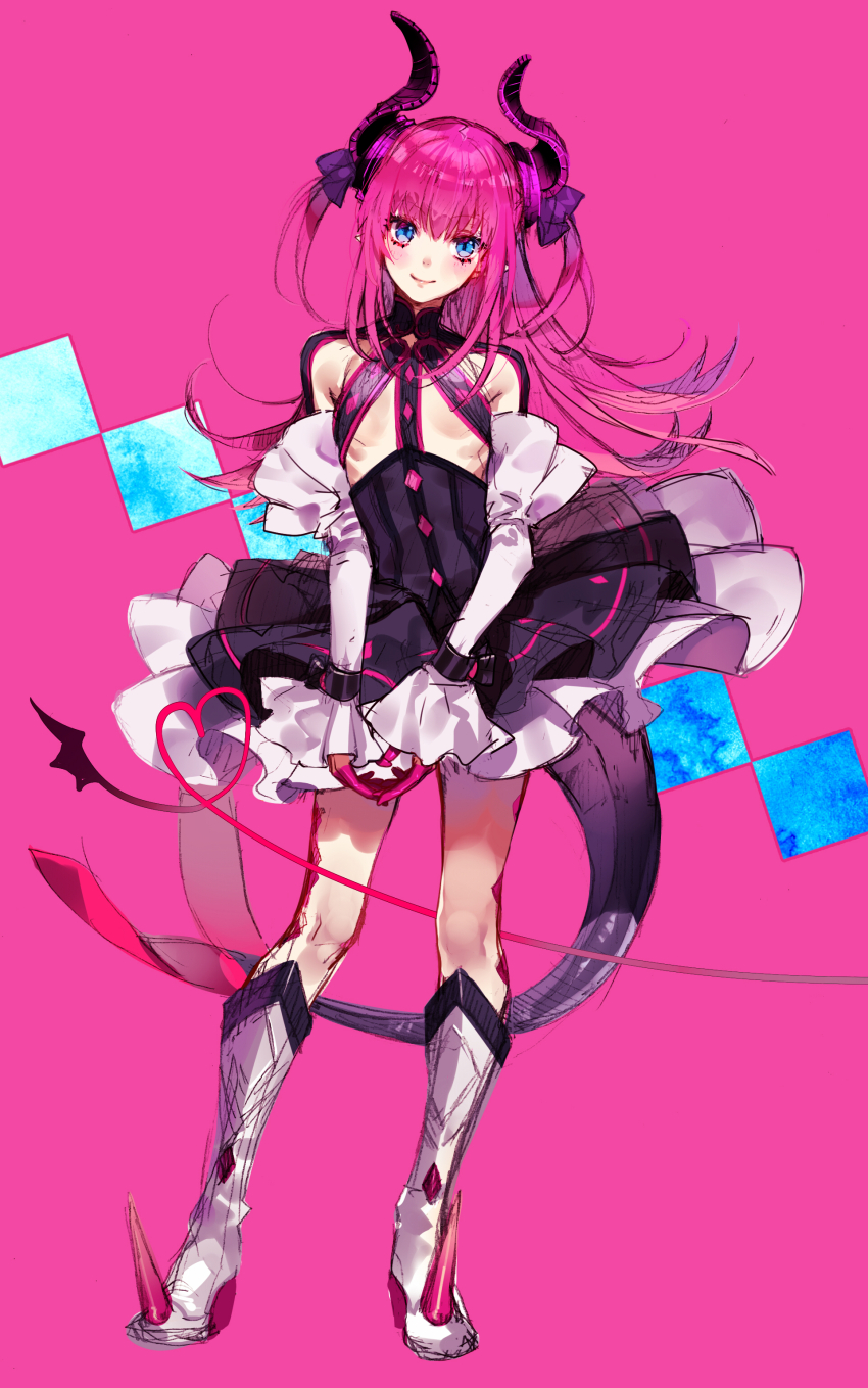 1girl, absurdres, asymmetrical_horns, black_skirt, blue_eyes, blush, boots, bow