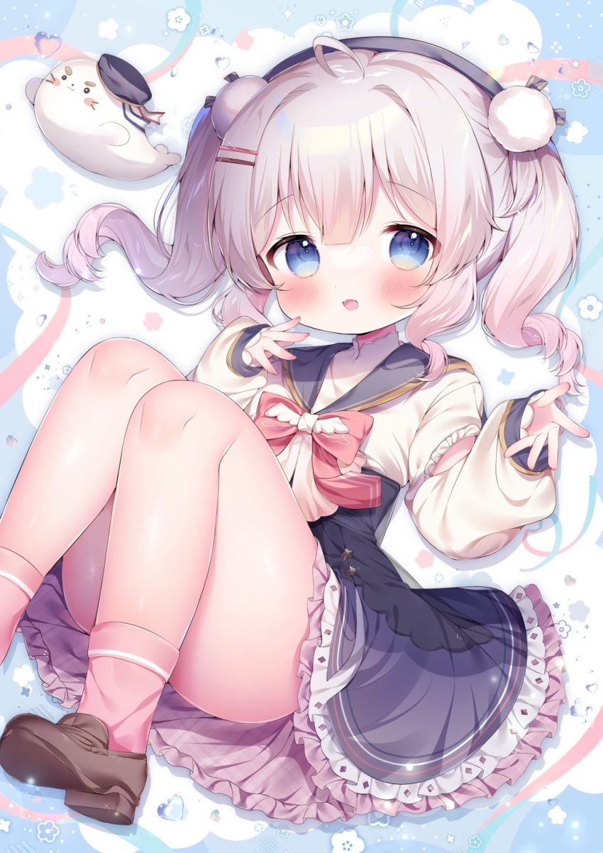 1girl, ahoge, ankle_socks, black_hat, black_skirt, blush, bow, bowtie