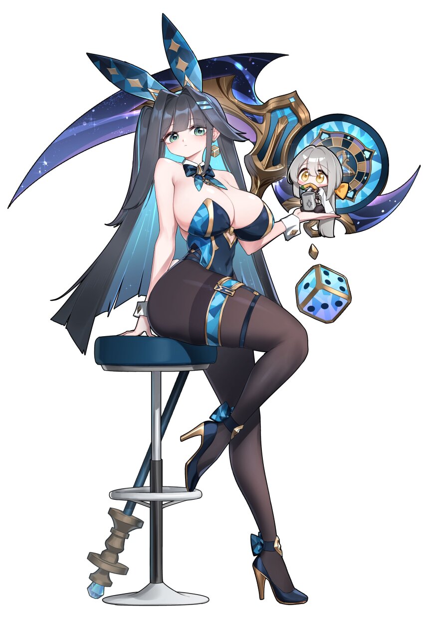 2girls, abigail_(poker_face)_(black_survival), absurdres, animal_ears, black_hair, black_pantyhose, black_survival, blue_bow